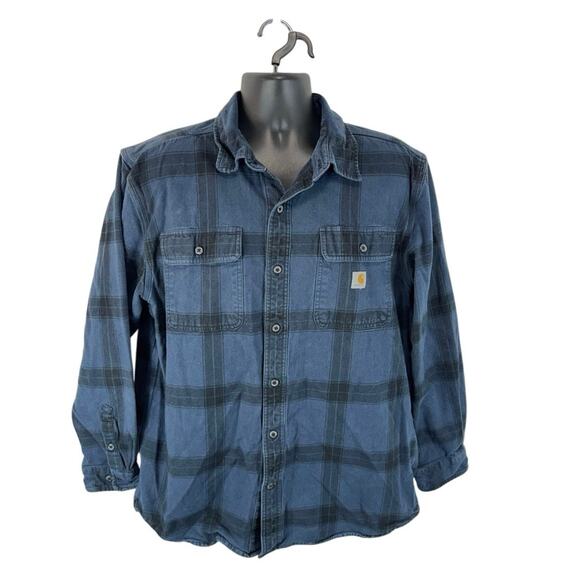 Carhartt Loose Fit Heavyweight Flannel Shirt Blue Size Large Plaid Fall Western - Picture 1 of 12
